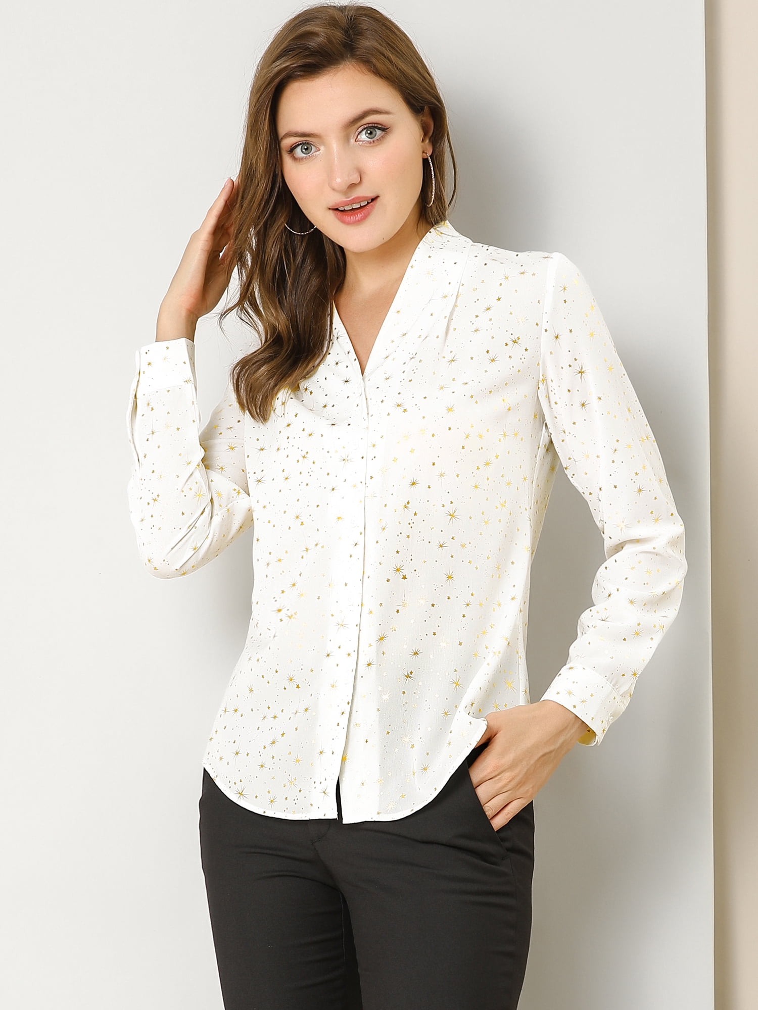 DARING DIVA Stand Collar Metallic Dots Stars Blouse Top S White