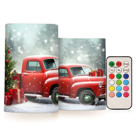 ALAZA Truck and Christmas Tree 2 PCs LED Flickering Flameless Candles with Remote Timer Battery Operated Candle