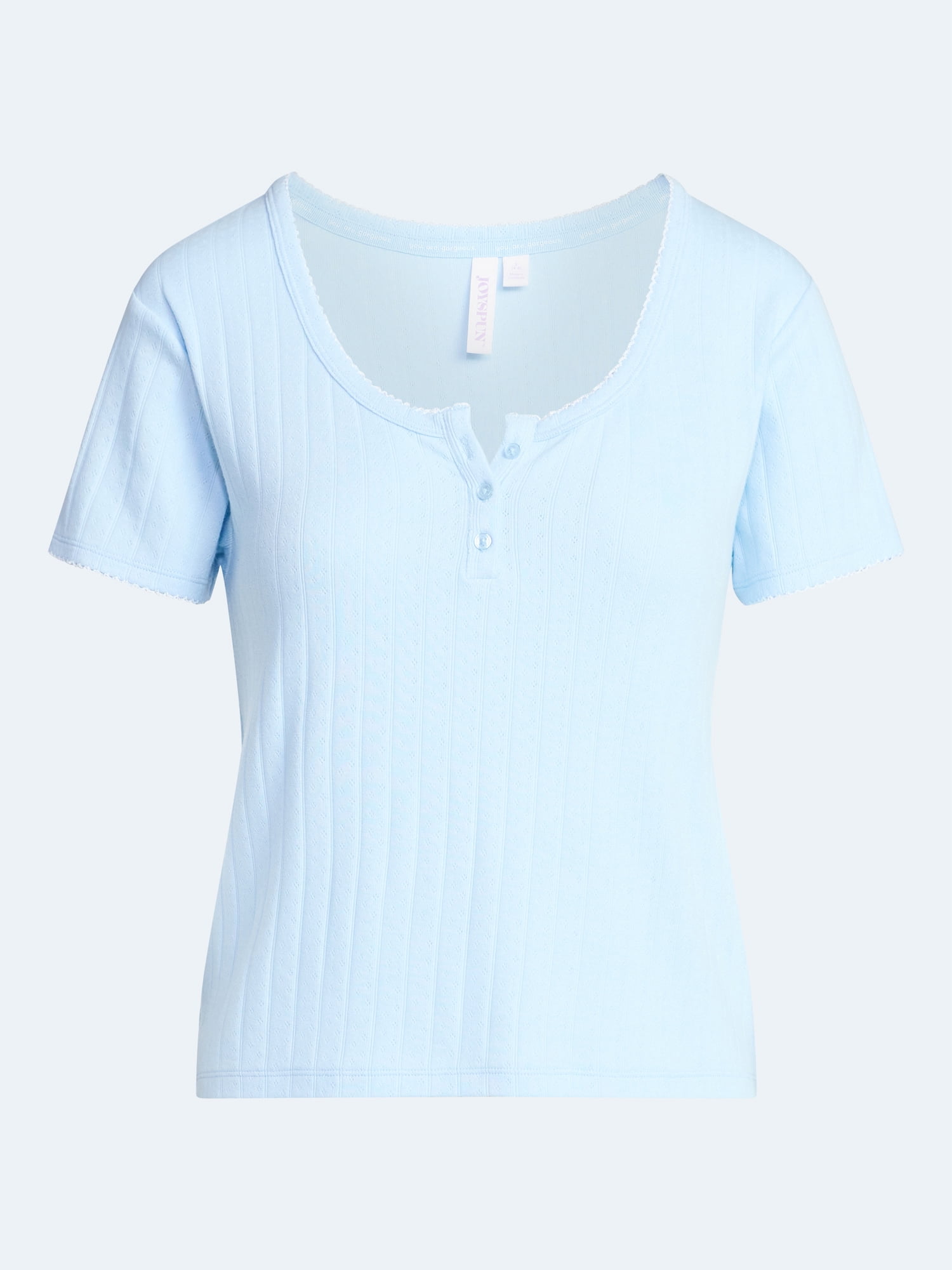 Joyspun Women’s Pointelle Knit Sleepwear Henley Tee with Short Sleeves, Sizes XS-3X