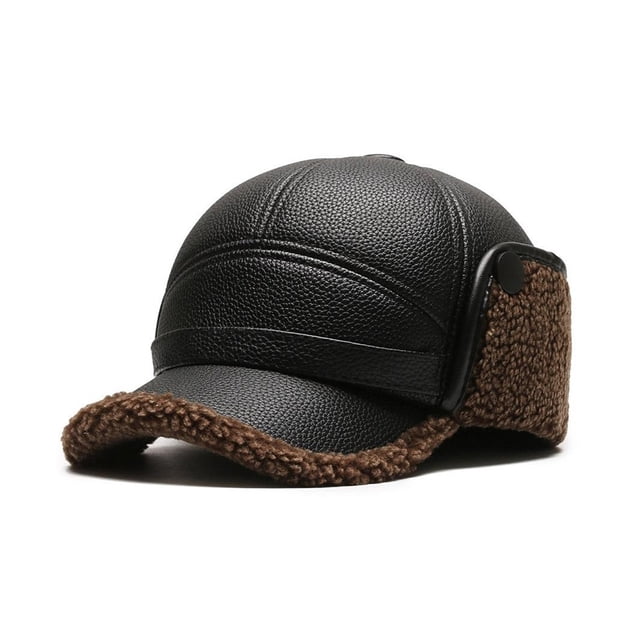 Men's Winter PU Leather Baseball Cap with Earflaps, Thick Warm Windproof Dad Hat