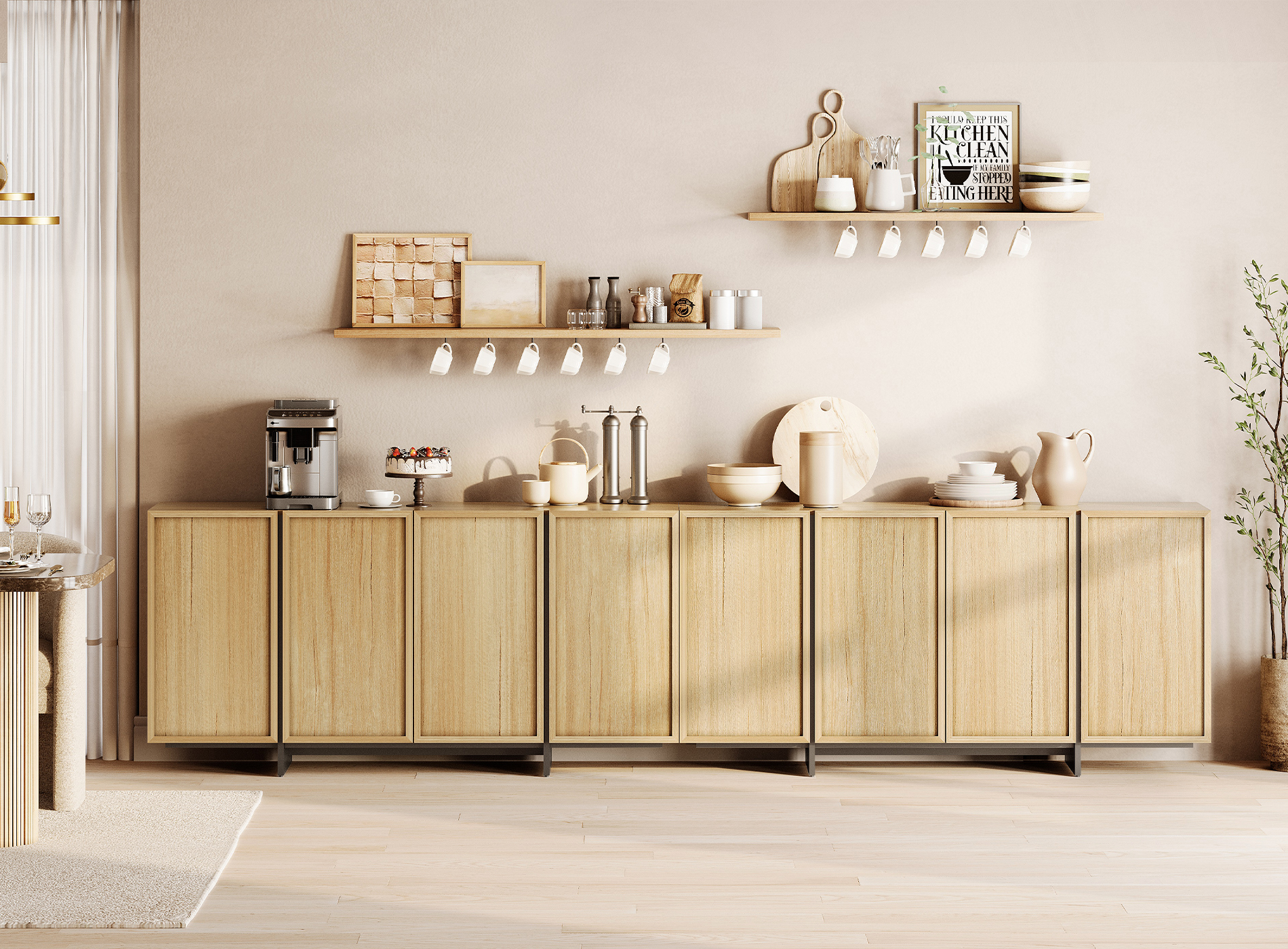 WAMPAT Modern Sideboard Buffet Cabinet with 6 Large Storage Cabinets, Coffee Bar Cabinet with T-Shaped Legs for Living Room and Kitchen, Oak