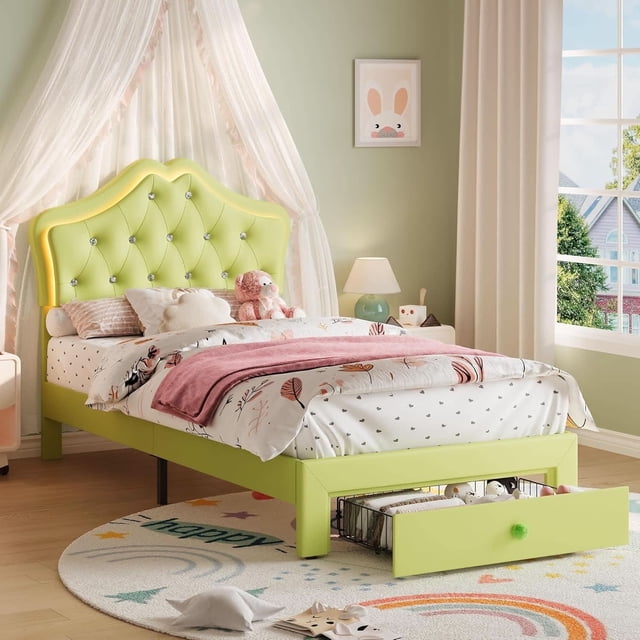 Tamaño individual-sized velvet cama plataforma con LED lights, crystal-button cabecero, almacenamiento cajón, noise-free design, no box spring required - a playful y comfortable princess cama...