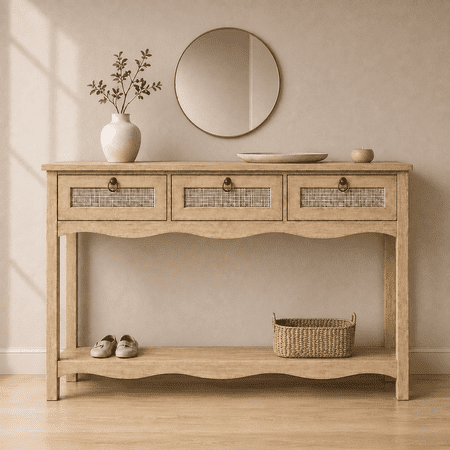 LAZZO 47.3“ Boho Rattan Console Table, Narrow Entryway Table with 3 Drawers & Open Shelf, Natural Wood Color