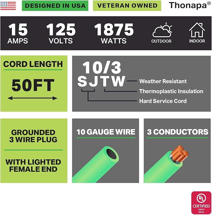 Thonapa 50 Ft Extension Cord, Weatherproof Heavy Duty Outdoor Extension Cord 10 AWG 50', SJTW 3 Prong Lighted Plug 10/3 Neon Green Cable 15 Amp, Great for Major Appliances & Garden Tools