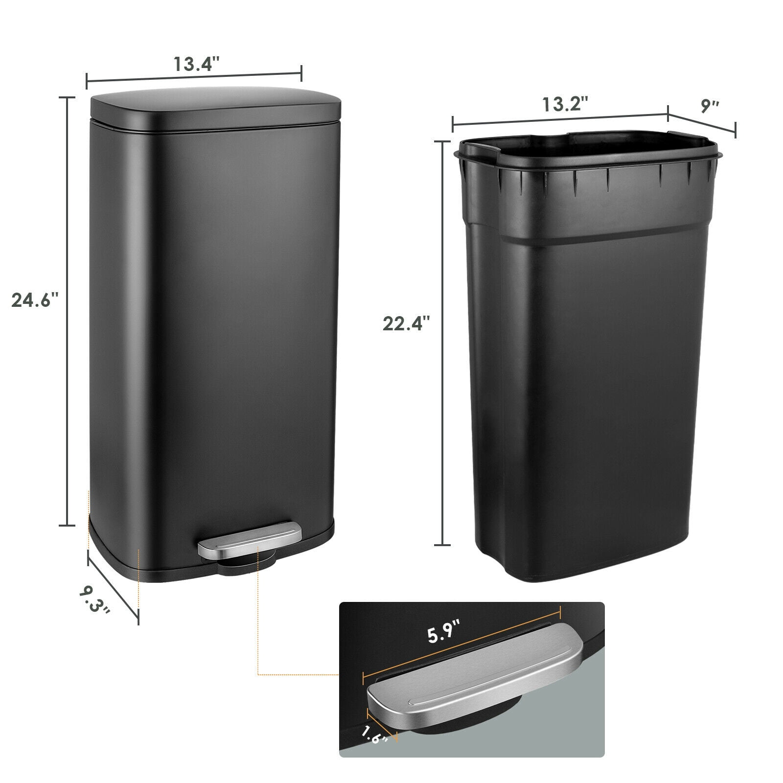 LAZY BUDDY 13.2 Gallon Step Trash Can with Lid, Black Kitchen Garbage Can  with PP Inner Bucket, Stainless Steel 