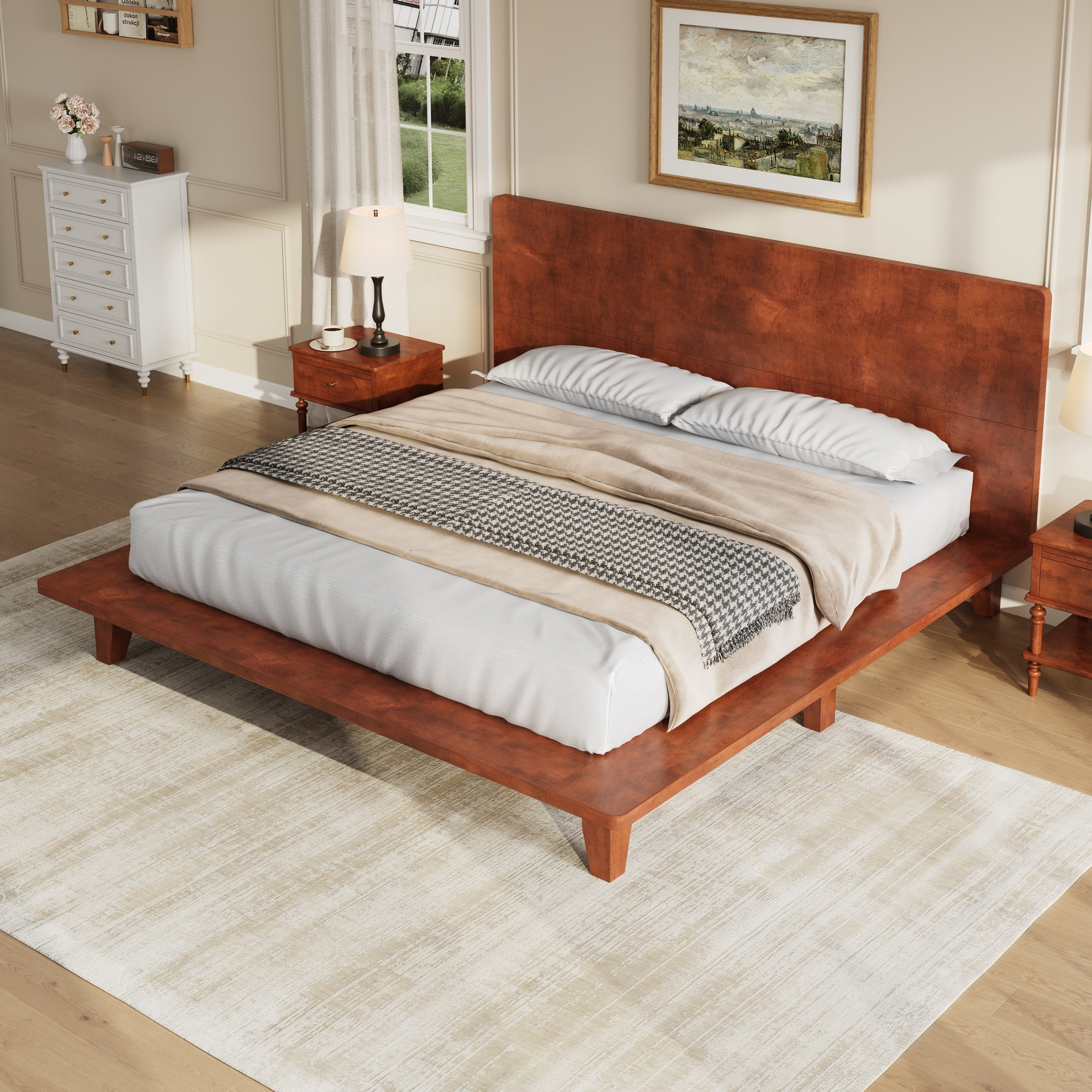 Euroco Wood King Size Platform Bed with Headboard, Brown