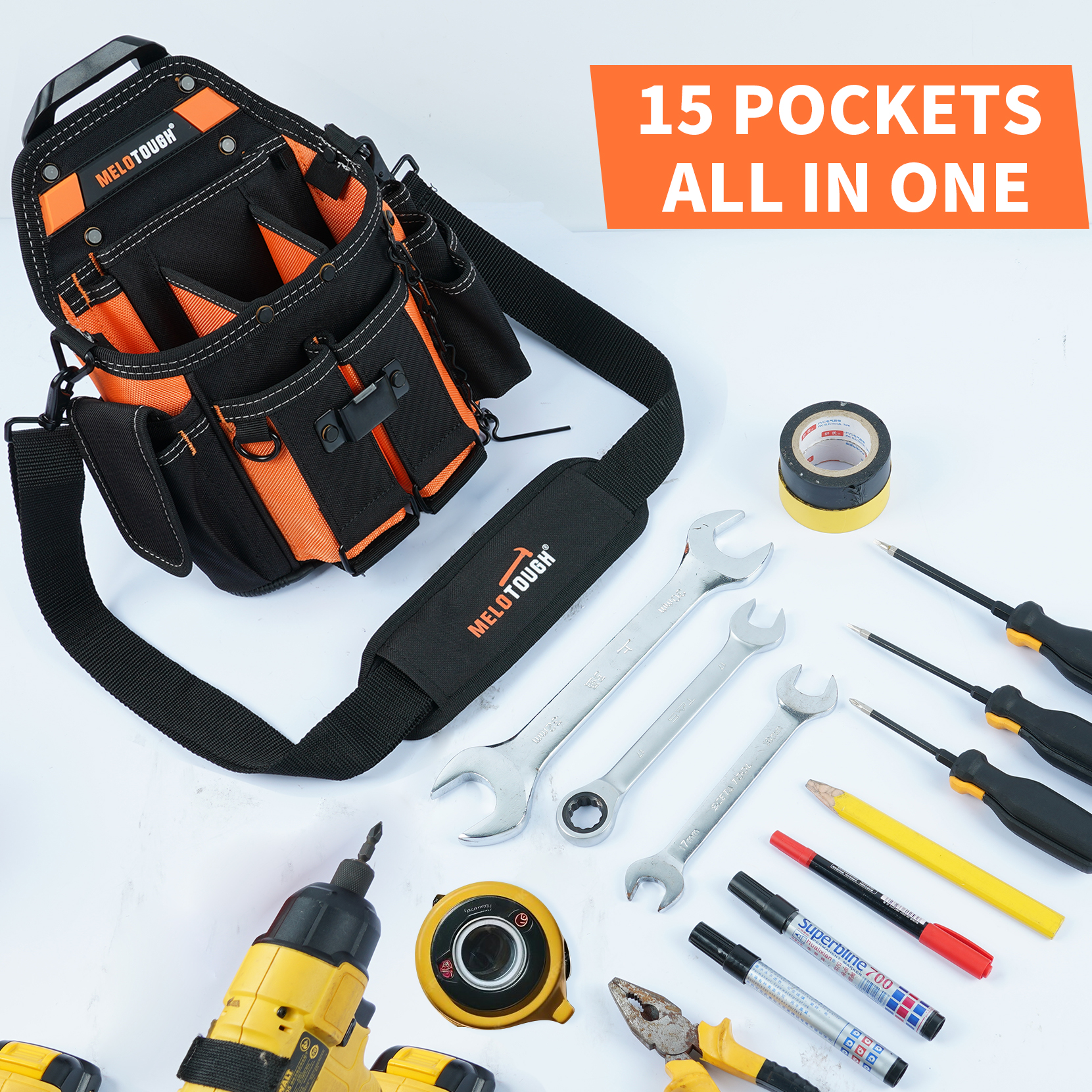 MELOTOUGH Electrician Tool Pouch Bag with Shoulder Strap Professional 15 Pockets Tool Pouch with Belt Clip Quickly Attach and Release Tool Bag