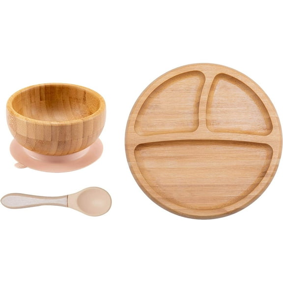 Mamimami Home Toddler Divided Bamboo Plate,Bowl & Spoon Set - 3PCs,Suction Plates and Bowls For Infant Feeding - BPA Free （3PCS）