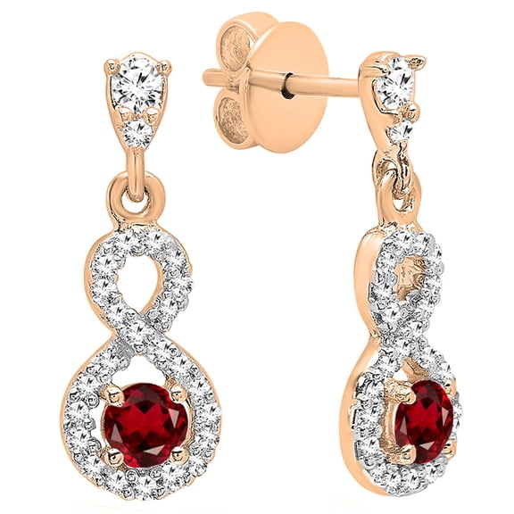 Dazzlingrock Collection 3mm Round Garnet & White Diamond Infinity Swirl Pushback Dangling Drop Earrings for Women (0.18 ctw, Color I-J, Clarity I1-I2) in 18K Rose Gold