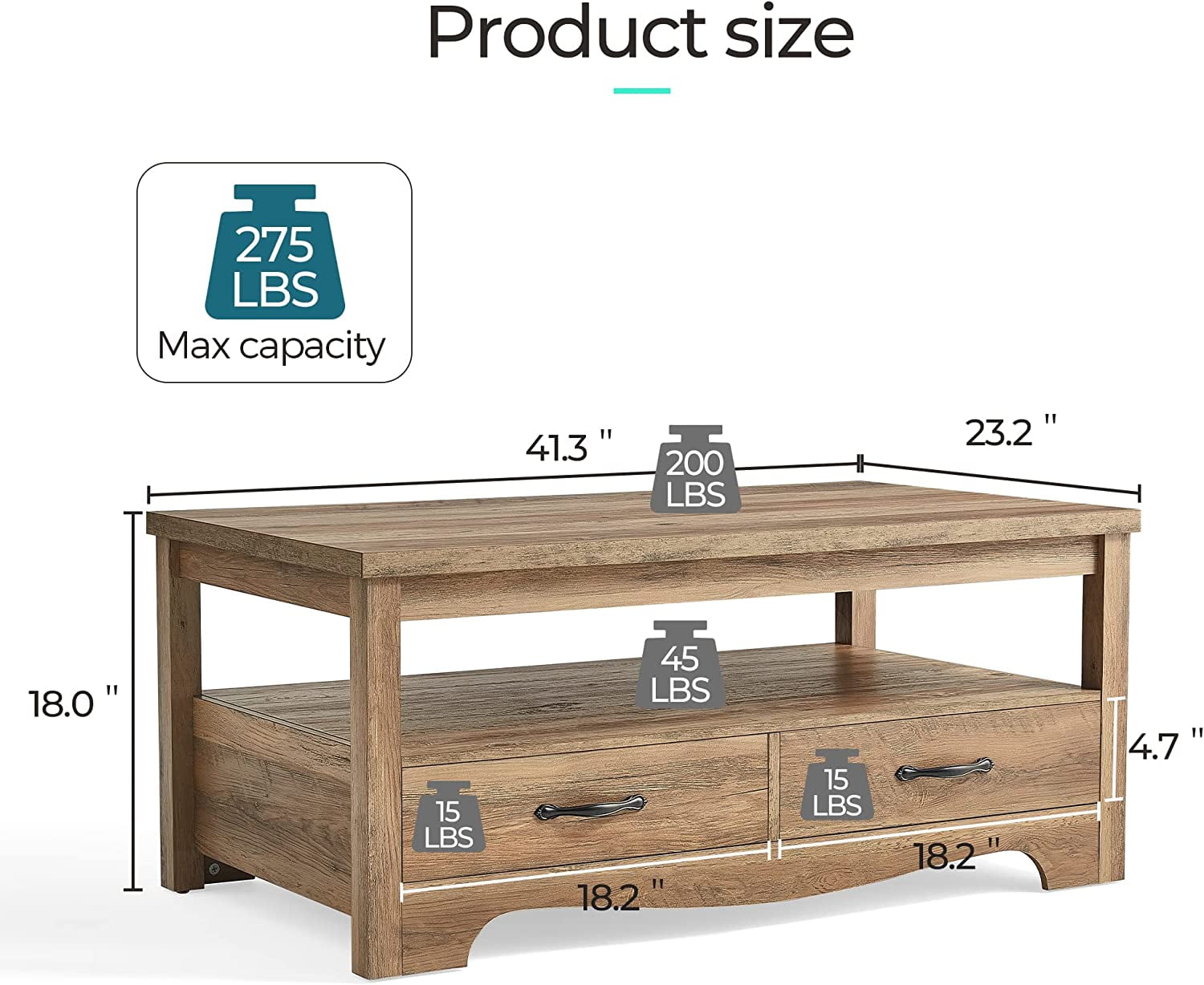 LINSY HOME Coffee Table with Storage Drawers, Wooden Farmhouse TV Stand Center Table for Living Room, Brown
