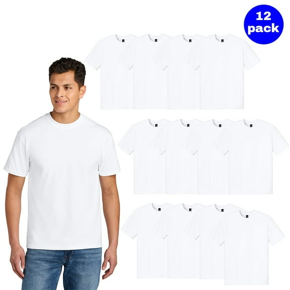 Gildan Men's Short Sleeve T-Shirt, Crew Neck Light Cotton White Classic fit Tee, 12 Pack, S