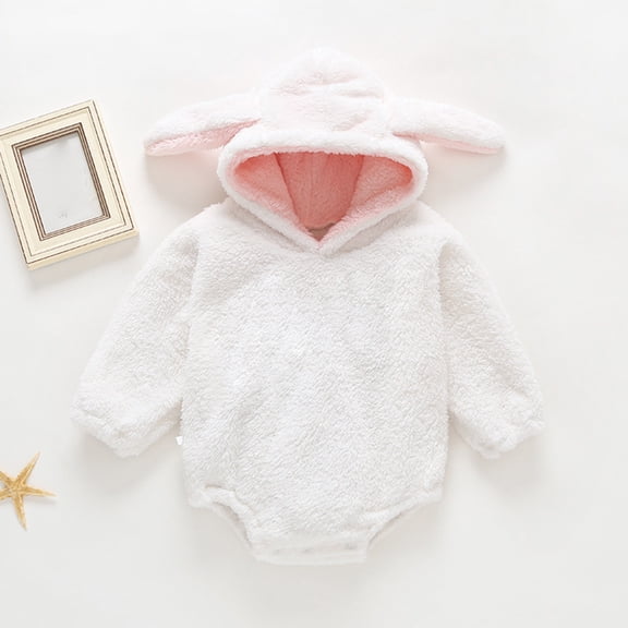ZyeKqe Toddler Kids Bodysuits Fleece Cute Hooded Crotch Button Pullover Casual Thick Winter Warm Jumpsuits for Boys Girls(18-24 Months,White)