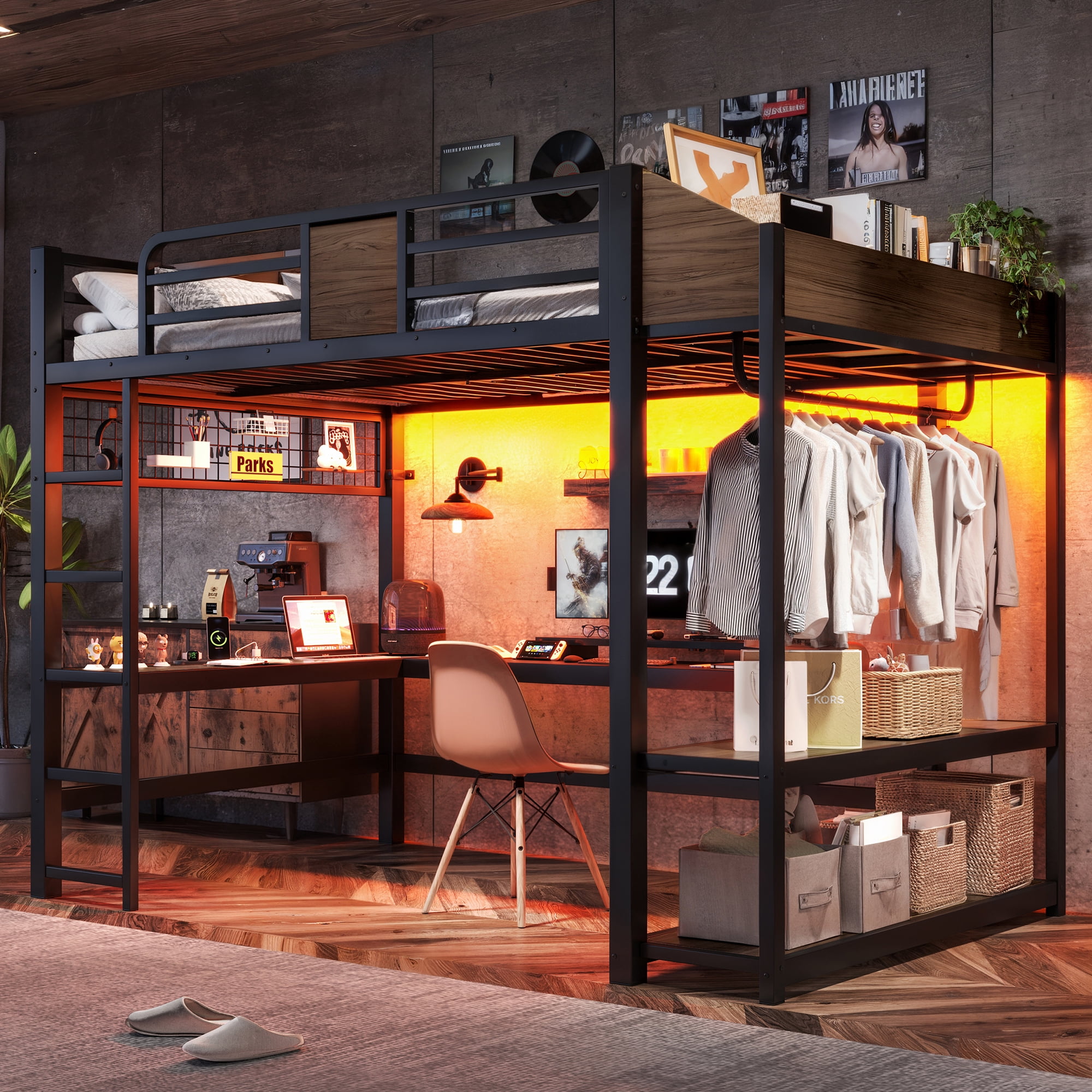 Mintazer Full Metal Loft Bed with L-Shaped Desk & LED Light Strip, Loft Bed Frame with Charging Station and Clothes Hanging Rod & Storage Shelves for Teen Adult Small Apartment Dorm, Black & Walnut
