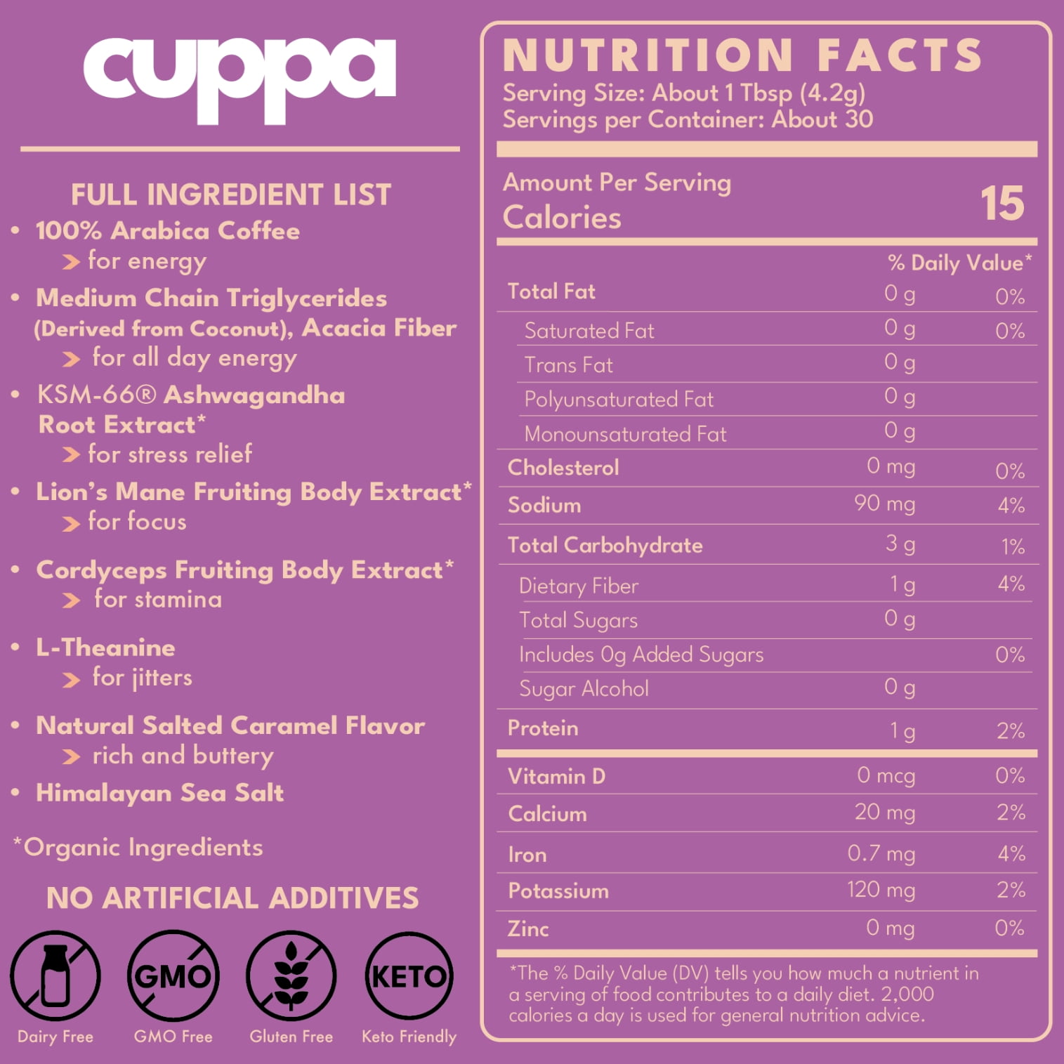 Cuppa Salted Caramel Healthy Mushroom Instant Coffee with Lion's Mane & Ashwagandha for All Day Energy & Focus - No Crash or Jitters(30 Servings)