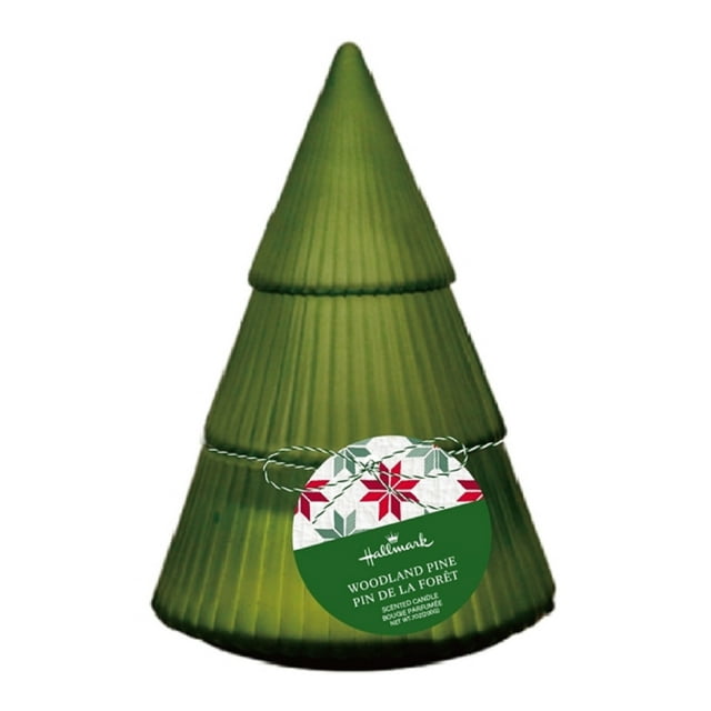 Bougie en Verre Teinté - green Tree en Forme de Pin en Verre Côtelé Vert avec une Mèche et une Étiquette Suspendue de Bougie Parfumée au Pin Forestier Hallmark, Convient pour Ajouter un Parfum Saisonnier et un accent Décoratif à la Décoration Intérieure.