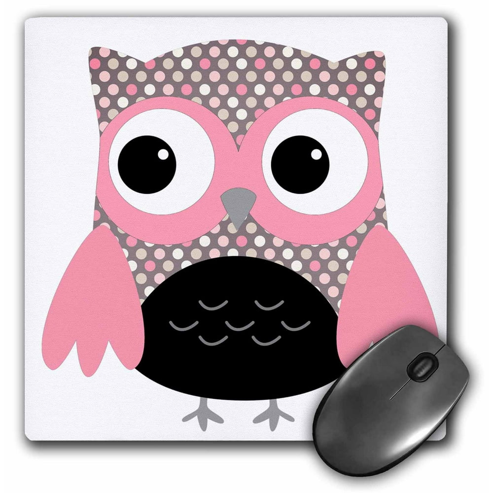 3dRose Cute Pink on Black Polka Dots Owl, Mouse Pad, 8 by 8 inches