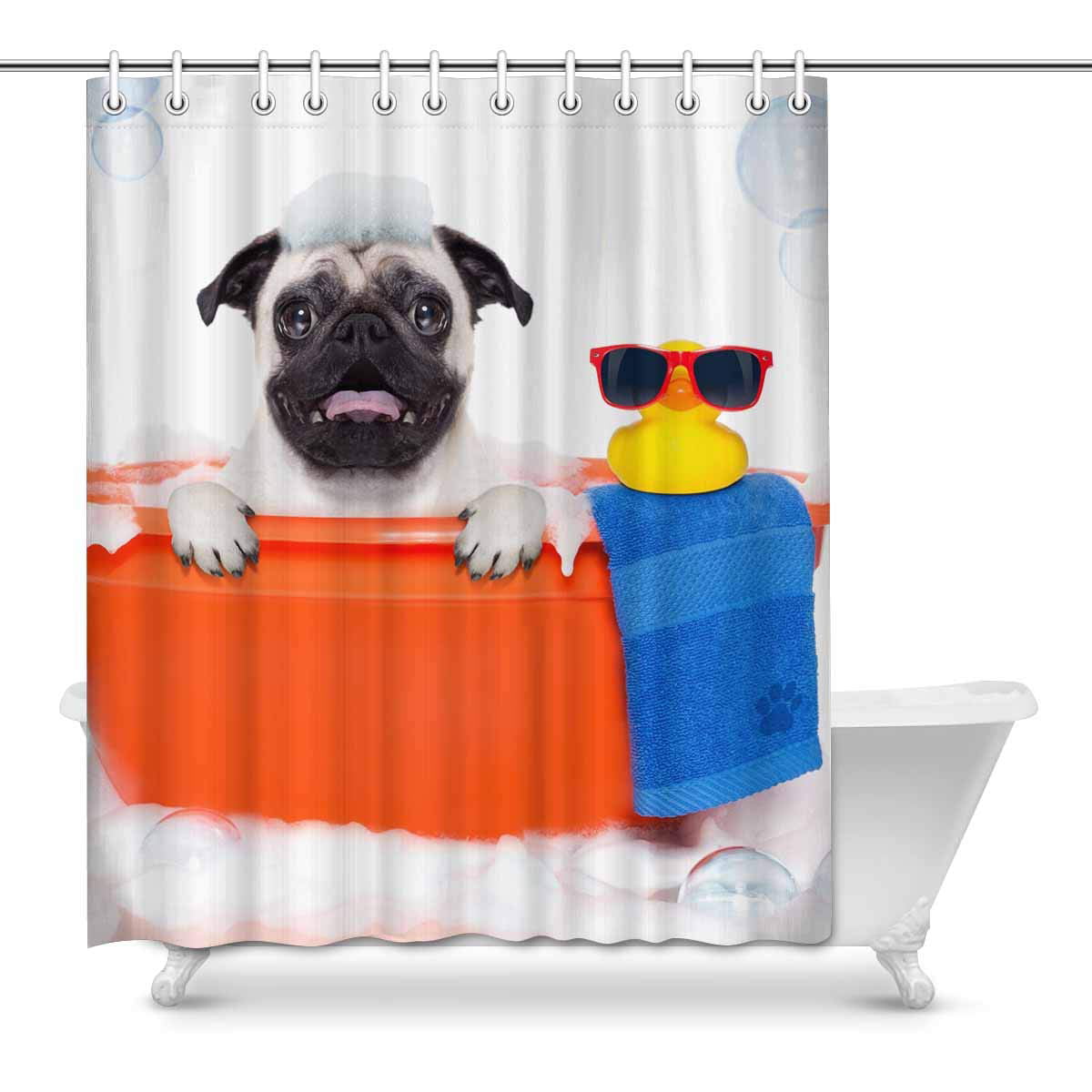Puppy Pug Dogs Polyester Waterproof Curtains Bathroom Shower Curtains Hooks Set 