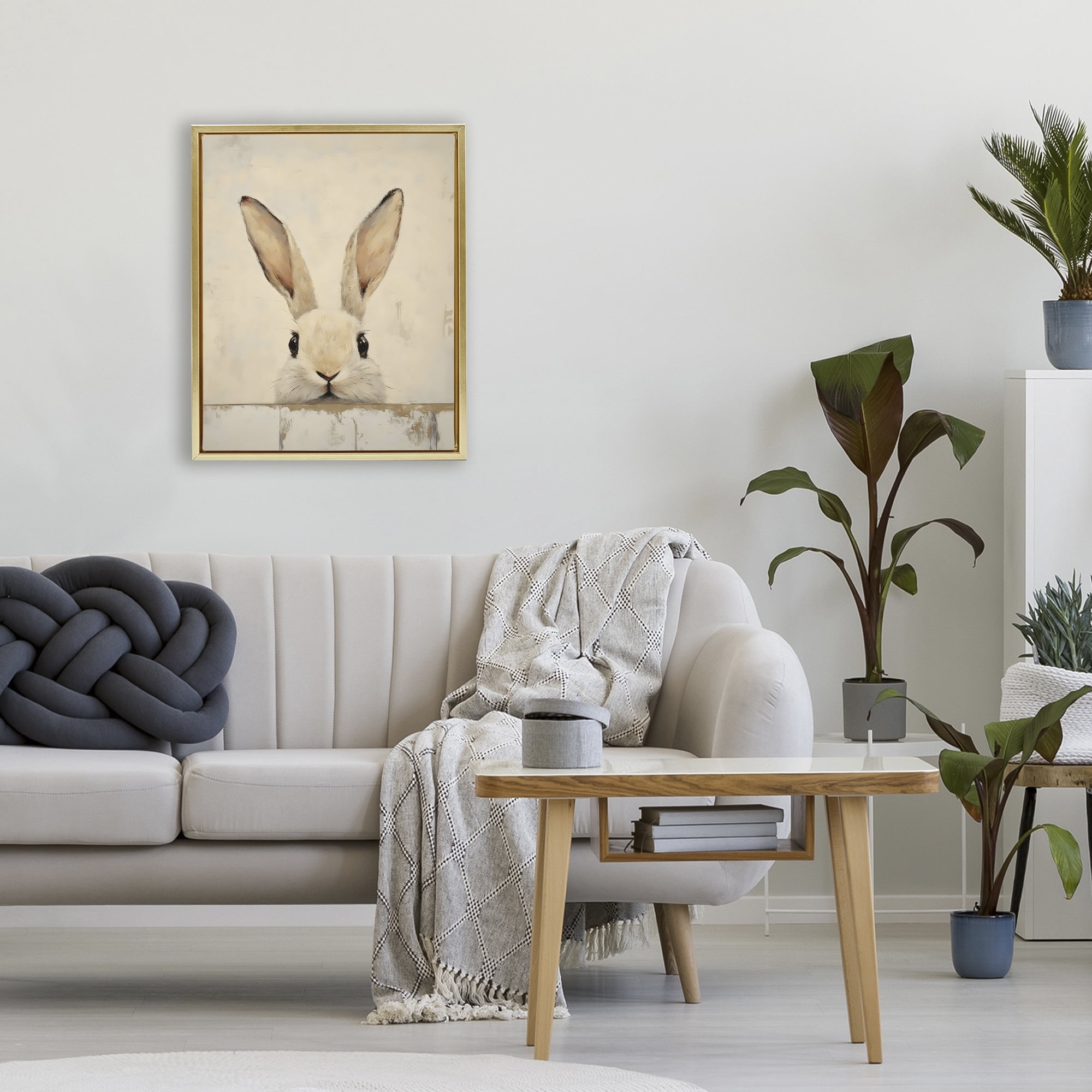 Stupell Industries Peeking Bunny in Soft Neutrals Gold Framed Floater Canvas Wall Art, design by LSR Design Studio