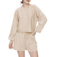 thumbnail image 4 of Zando 2 Piece Outfits Sweatsuits for Women Y2K Oversized Sweatshirt & Lounge Shorts Cozy Long Sleeve Top and Shorts Track Suit Set Apricot XL, 4 of 5