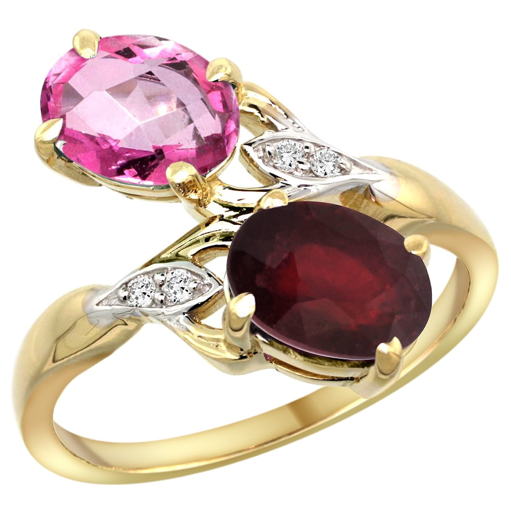 10K Yellow Gold Diamond Natural Pink Topaz & Enhanced Genuine Ruby 2-stone Ring Oval 8x6mm, sizes 5 10 by WorldJewels