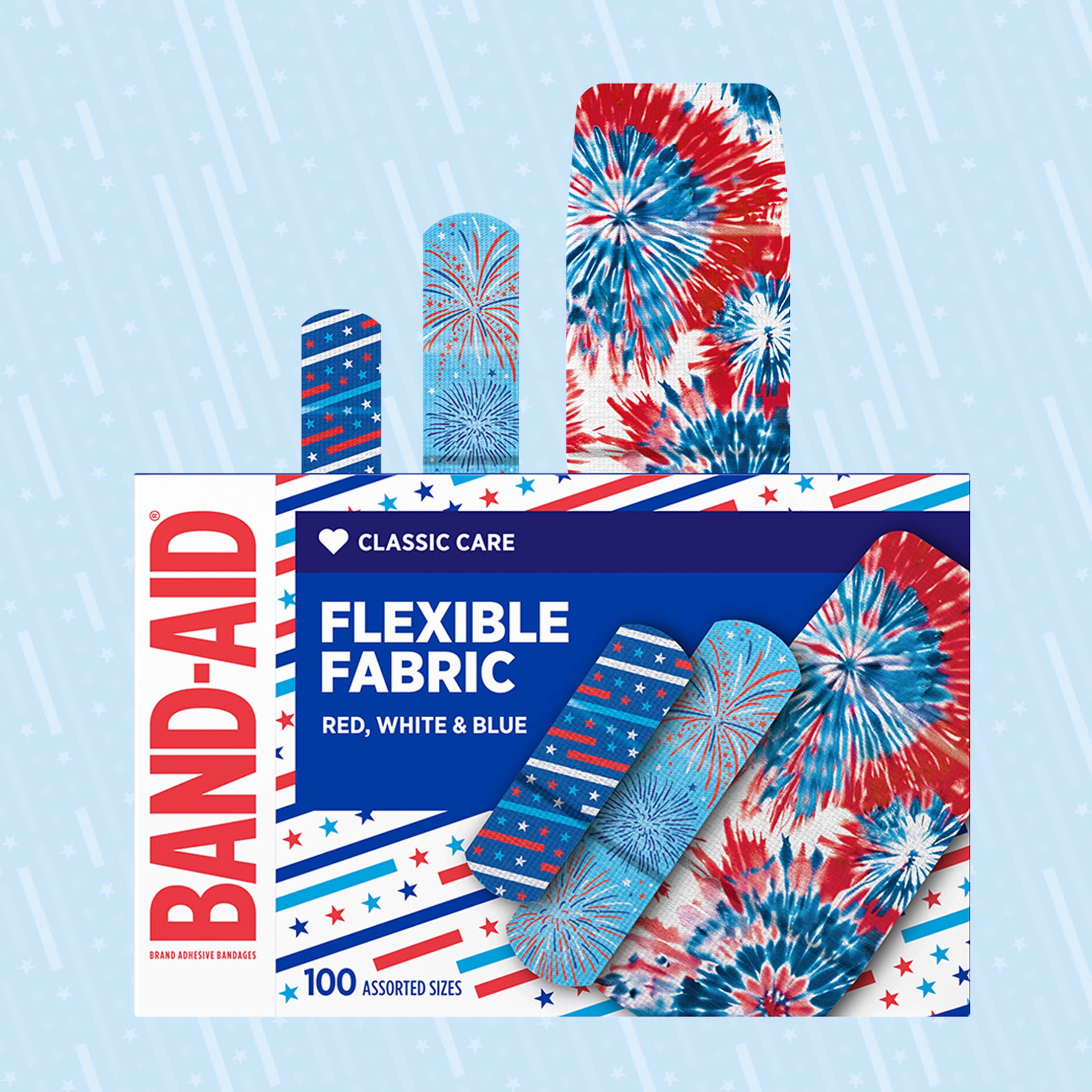 (4 pack) BAND-AID® Brand Flexible Fabric Red, White & Blue Bandages, 100 Count