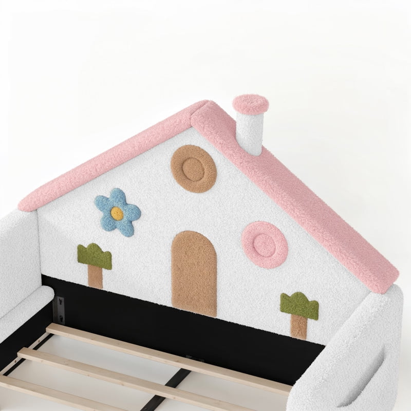 Full Size Kids Floor Bed with House Shaped Headboard, Upholstered Teddy Fabric Child Storage Platform Bed Frame with Pocket