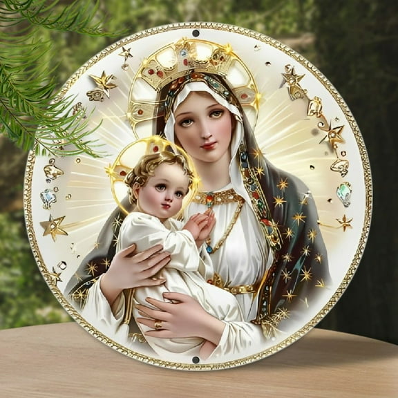 1pc, 2D Flat Print, Round Aluminum Sign Wall art, Vintage Metal Sign, Virgin Mary Themed, for Bar  Coffee home room living room office decor, party decor, Halloween Gifts, Christmas Gifts, 8x8 Inch