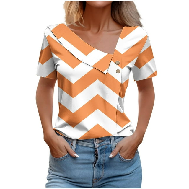FAIWAD Women Summer Tops Short Sleeve Irregular V Neck Button T-Shirts Geometric Color Block Print Tees Blouses