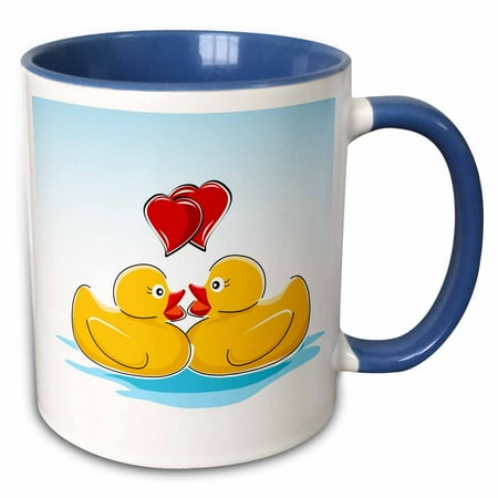 

3dRose Two Cute Yellow Rubber Ducks With Two Red Hearts - Two Tone Blue Mug 11-ounce