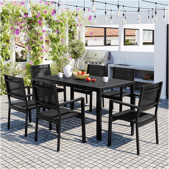 JERFIT 6-Piece Outdoor Dining Set, Patio Table and Chairs with Tempered Glass Top, All-Weather Steel Frame for Garden, Backyard, Balcony