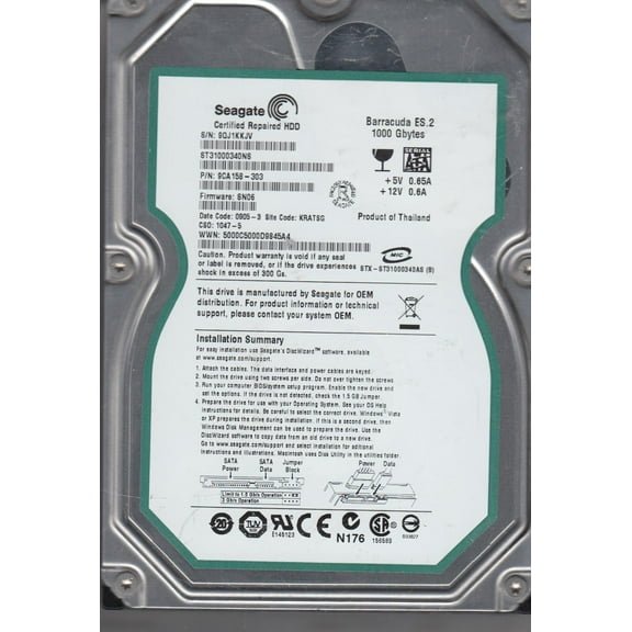 ST31000340NS, 9QJ, KRATSG, PN 9CA158-303, FW SN06, Seagate 1TB SATA 3.5 Hard Drive