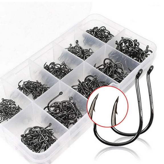 Walbest 500 Pcs 10 Sizes Assorted Sharpened Carbon Steel Fishing Hooks with Tackle Box