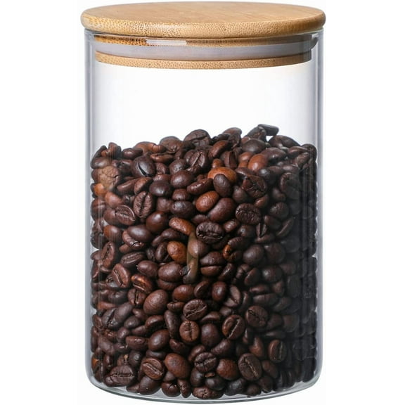 960 ML / 32 FL Oz Glass Storage Container with Wood Lid, Stackable Clear Decorative Organizer Bottle Canister Pantry Jar with Air Tight Wooden Lid for Food, Coffee, Candy, Sugar, Salt, Tea
