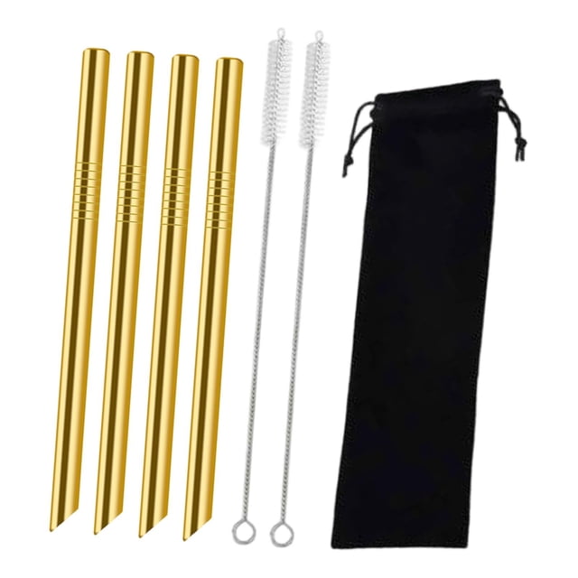 4 pajitas reutilizables de acero inoxidable, portátiles, con cepillo de limpieza, de metal, reutilizables para cócteles, tiendas y cocinas. Oro