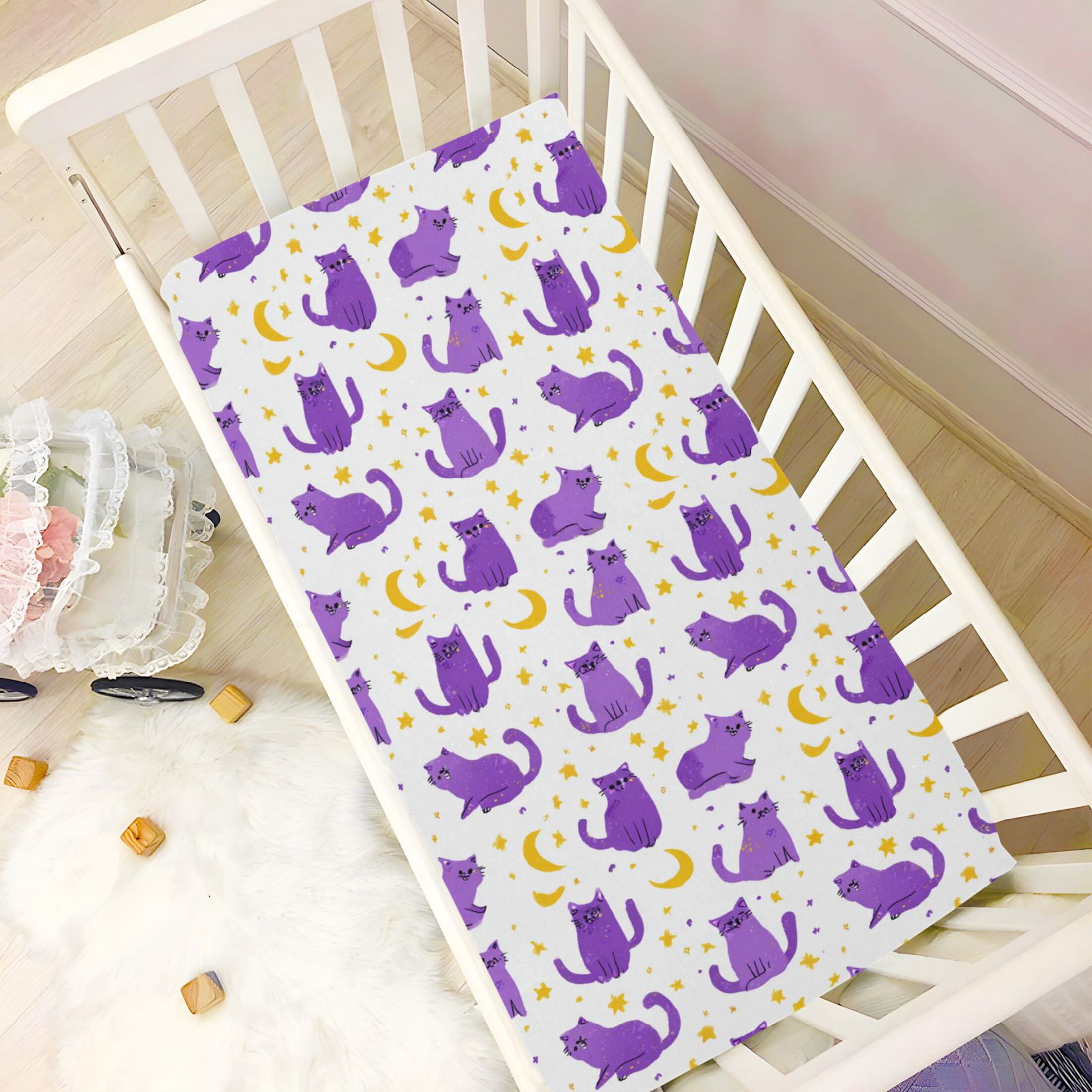 Baby Essentials 52”x 28”- Standard Cotton-like Modal Elastic- Purple Cat Pattern Design Crib Sheets for Newborns and Toddlers