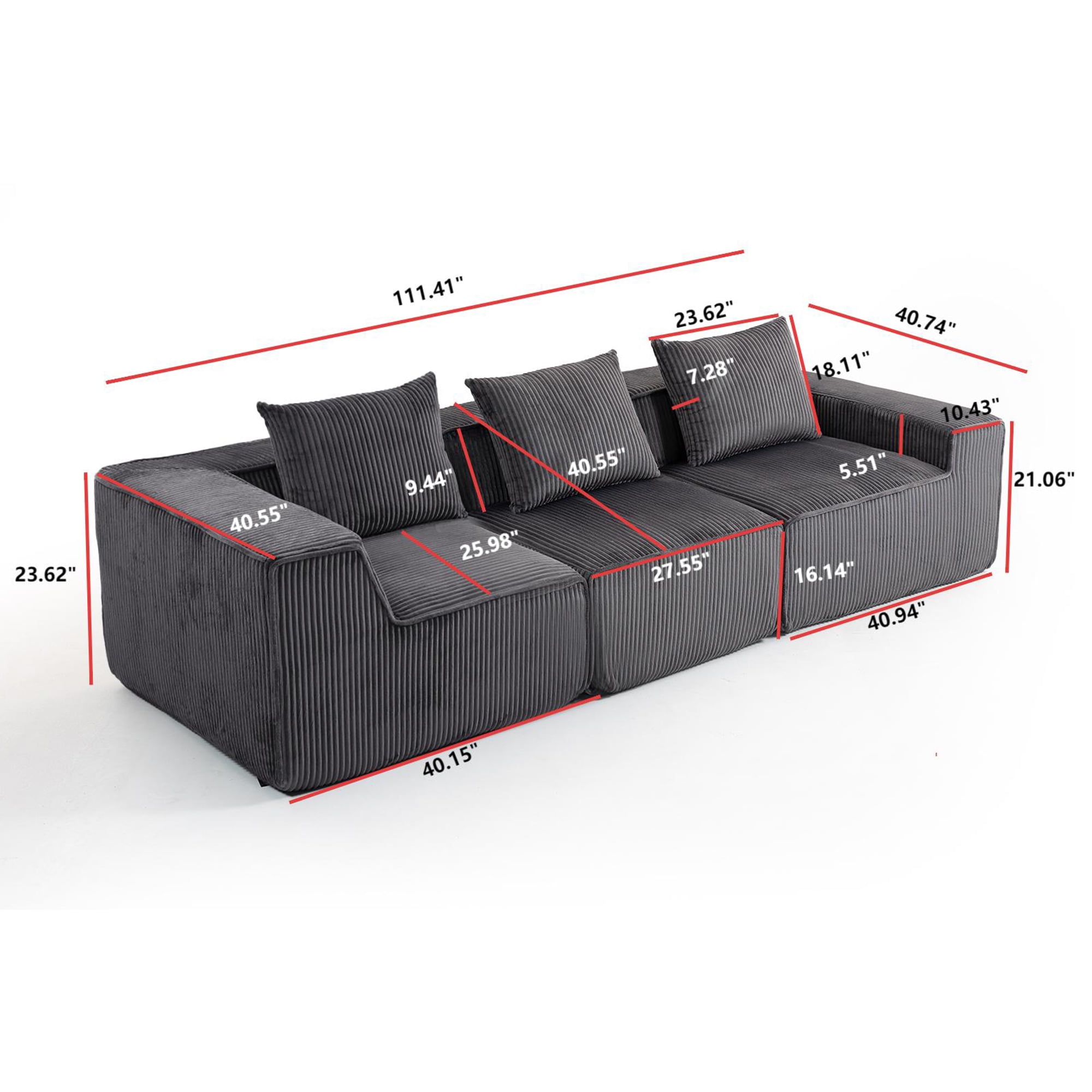Demi Bonn 111" Modular Sectional Sofa Couchesk, Corduroy 3 Seat Couch Memory Foam Couches for Living Room, Cloud Couch, Gray