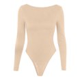 thumbnail image 4 of Womens Long Sleeve Rib Knit Bodysuit Round Neck Solid Color Sexy Ribbed One Piece Romper Onesies Bodycon Tops (Medium, Khaki), 4 of 5