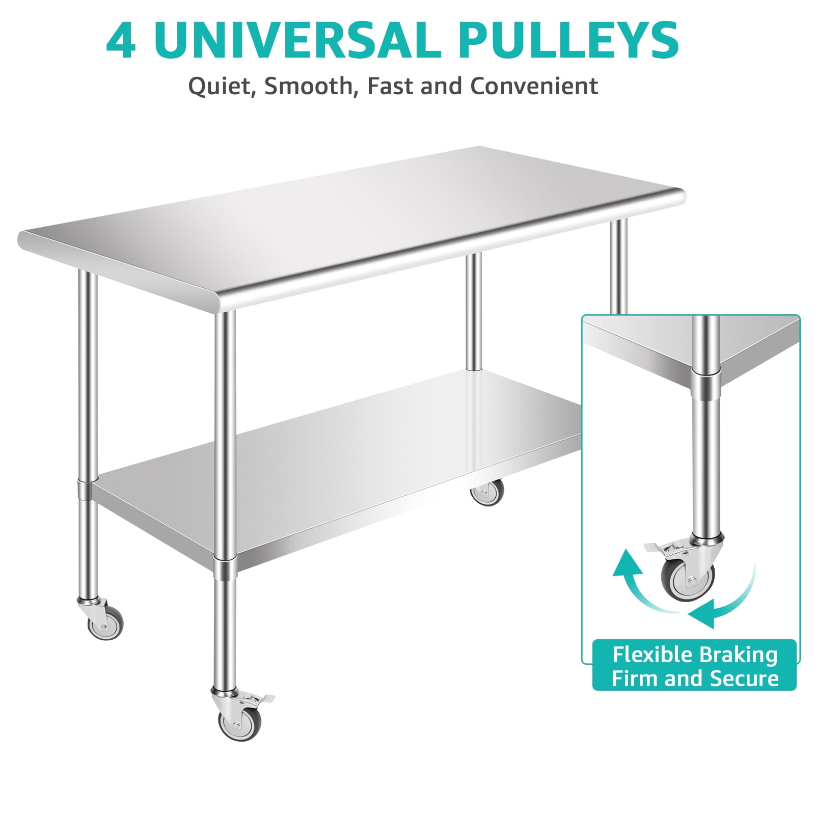 PRIJESSE Stainless Steel Work Table 48 x 30 Inch Stainless Steel Table w/ Undershelf, Casters, Commercial Kitchen Work & Prep Table