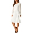 thumbnail image 4 of INSPIRE CHIC Women's Long Sleeve Dresses Round Neck Elegant Cocktail Party Work Knee Length Dress M White, 4 of 5