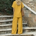 thumbnail image 2 of Two Piece Lounge Sets for Women Fashion Buttons Side Slit Solid Color Round Neck Short Sleeve Tops Elastic Waist Pants Sets Lounge Sets Wide Leg Pants Sets with Pockets, 2 of 7