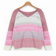 Mchoice Fashion Women Casual Patchwork V-Neck Long Sleeves Sweater Blouse Tops