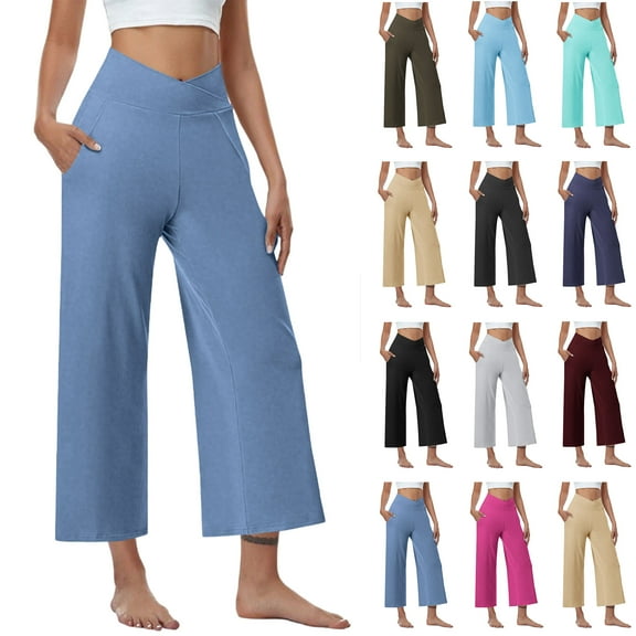 Womens High Waist Pants Casual Stretchy Wide Leg Pants Comfy Loose Fit Pants Solid Elastic Waist Pocket Stylish Pants