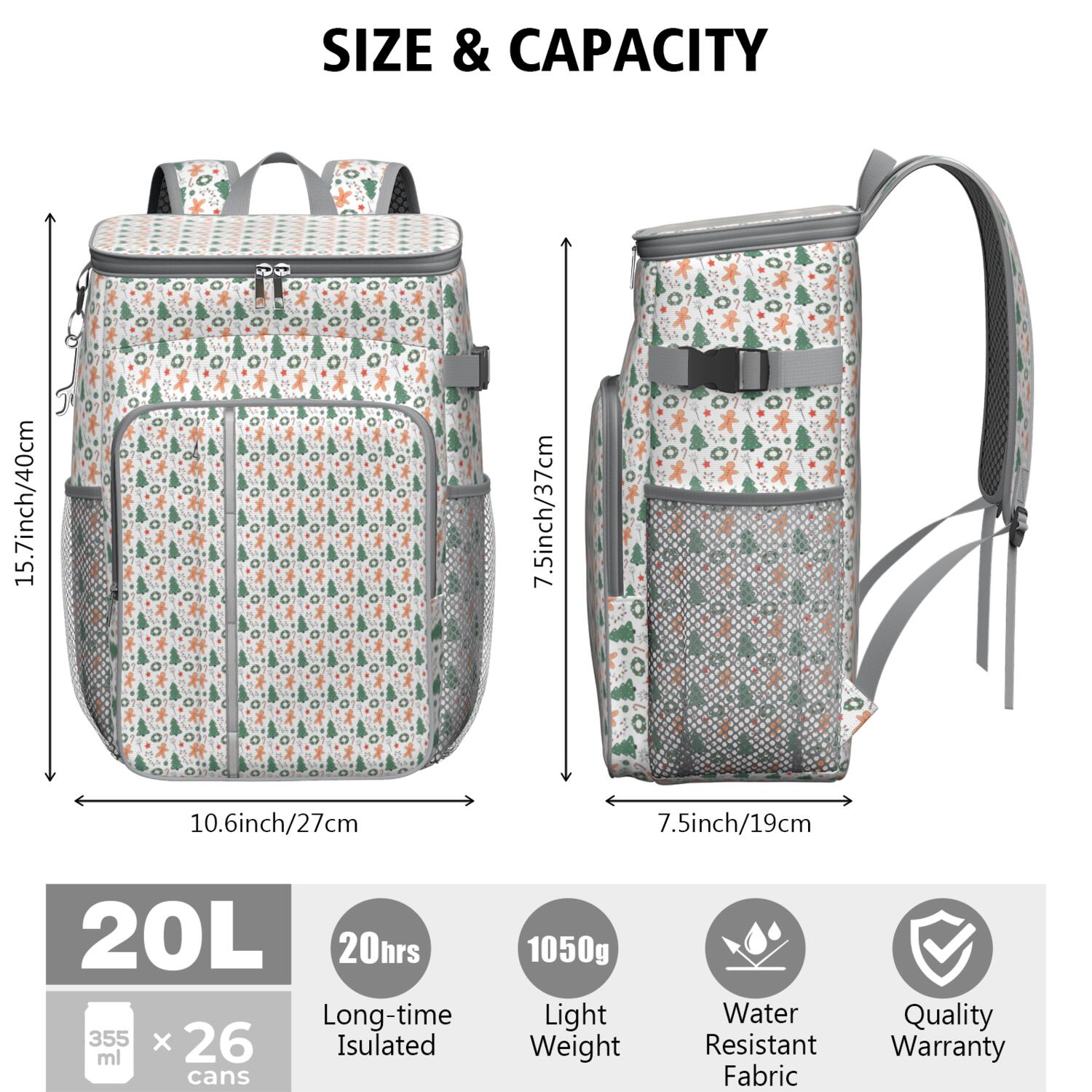 Travel Cooler Bag - White Christmas Gingerbread and Tree Pattern Camping Beer Cooler Backpack with Bottle Opener- Waterproof Insulated Picnic Backpacks - Cooler Bag for Beach