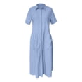 thumbnail image 5 of Vestido camisero largo con bolsillos y manga corta liso para mujer, poliéster spandex, estilo informal similar al lino, tallas S-XXXXXL, 5 of 5