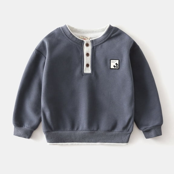 YUANxueke Boys Cotton Fleece Sweatshirts Button Up Crewneck Pullover Shirts Casual Workout Warm Tops,Dark Gray,3-4 Years