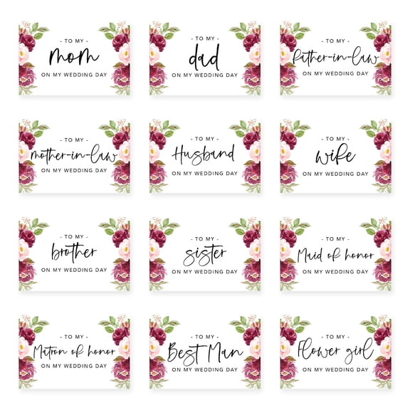 Koyal Wholesale Wedding Day Gift Cards Set with Envelopes Set of 12, Burgundy Pink Roses