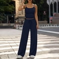 thumbnail image 4 of Qiopertar Women's Ribbed Tank Top and High Waisted Flare Pants Set Solid Color Casual Lounge Outfit with Drawstring Waist and Pockets, Navy L, 4 of 6