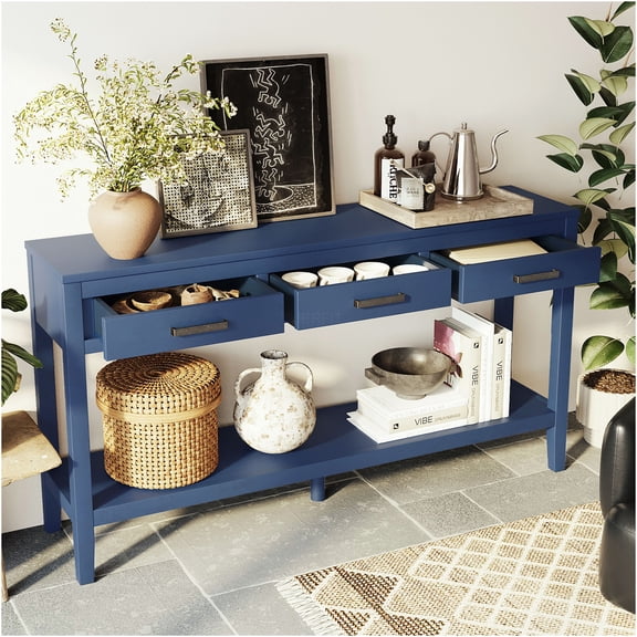JERFIT Navy Blue Farmhouse Console Table with 3 Drawers, 62.2" Entryway Sofa Table with Storage Shelf for Living Room, Hallway, Bedroom & Office
