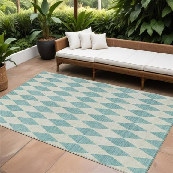 HomeRoots 577130 8 x 10 ft. Geometric Washable Indoor & Outdoor Rectangle Area Rug, Teal Blue & Ivory