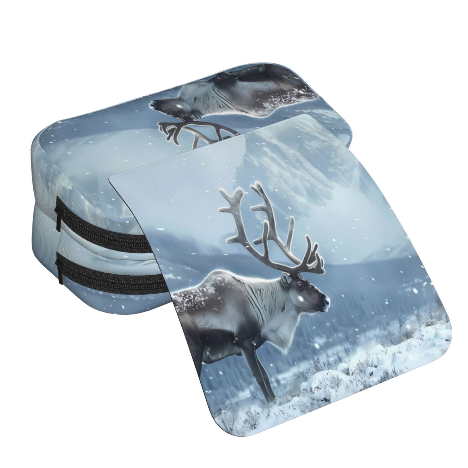 Rateoe Winter Reindeer In Snowy Mountains Pattern Double Clamshell Pen Case, Storage Organizer with Two Zipper Compartments– Holds Up to 50 Pencils & Pens